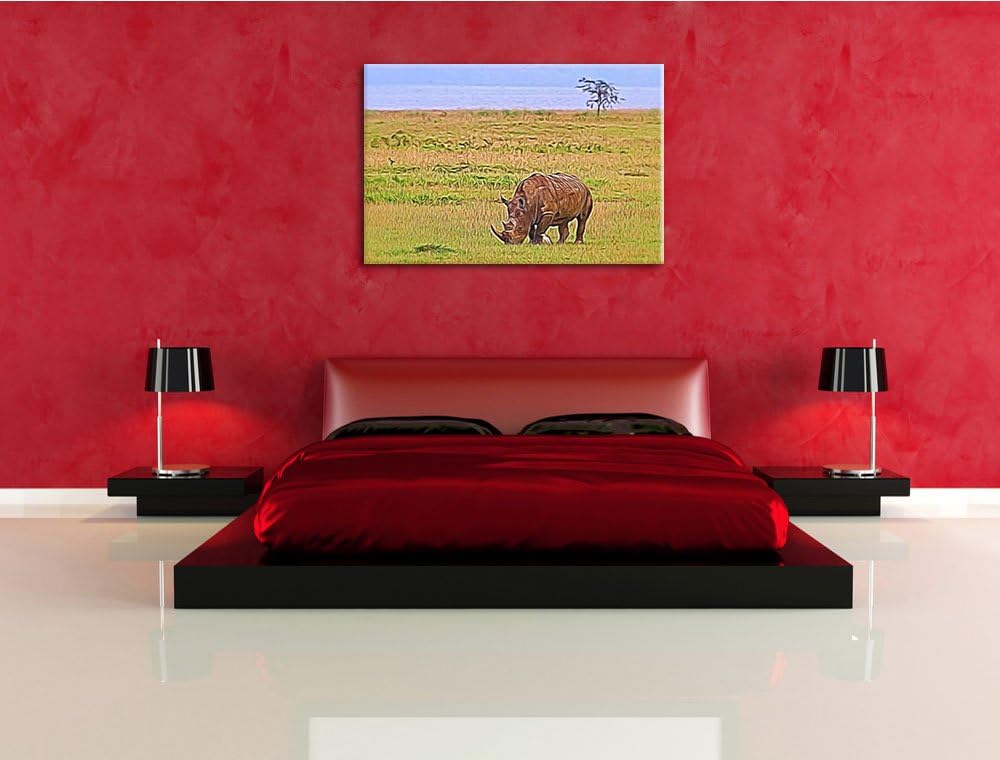 grosses Nashorn beim Fressen Spezial Format: 100x70 cm auf Leinwand, XXL riesige Bilder fertig gerah