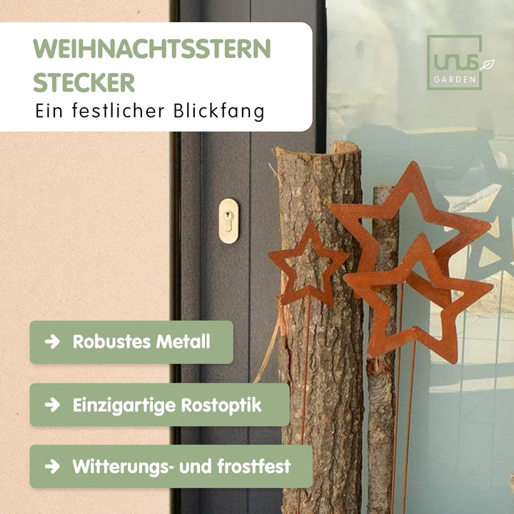 UNUS Gartenstecker Weihnachten Stern, 3X Weihnachtsstern, Gartendeko Rostoptik, Rost Deko wetterfest