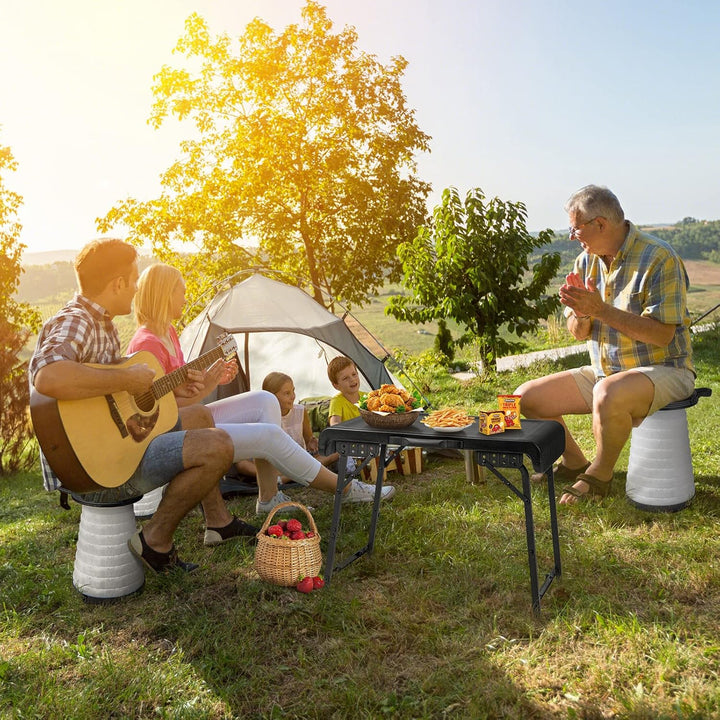 COSTWAY Tragbarer Klapptisch mit 2 LED Teleskophockern, Campingtisch und höhenverstellbarer Hocker,
