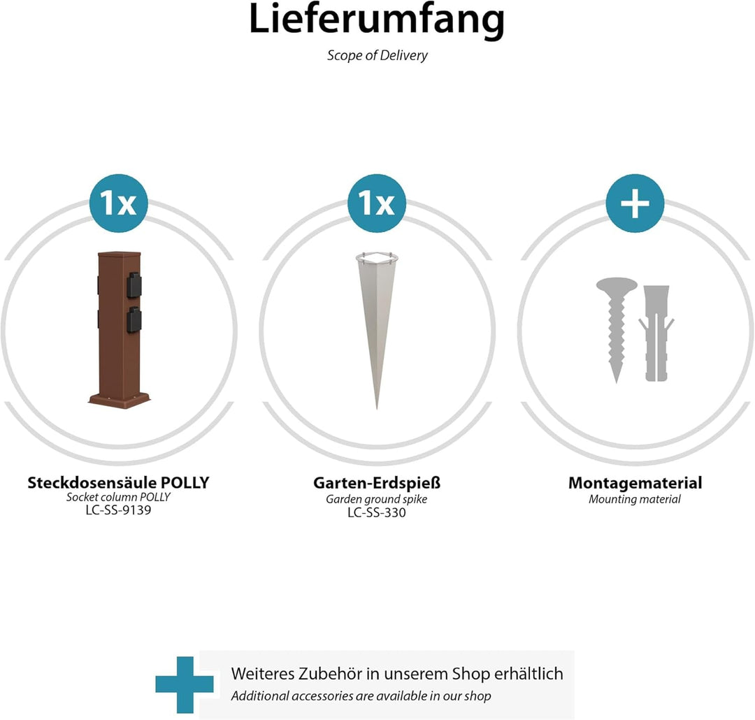ledscom.de 3 Stück Garten-Steckdosen-Säule Polly mit Erdspiess für aussen, IP44, 4-Fach, Edelstahl,