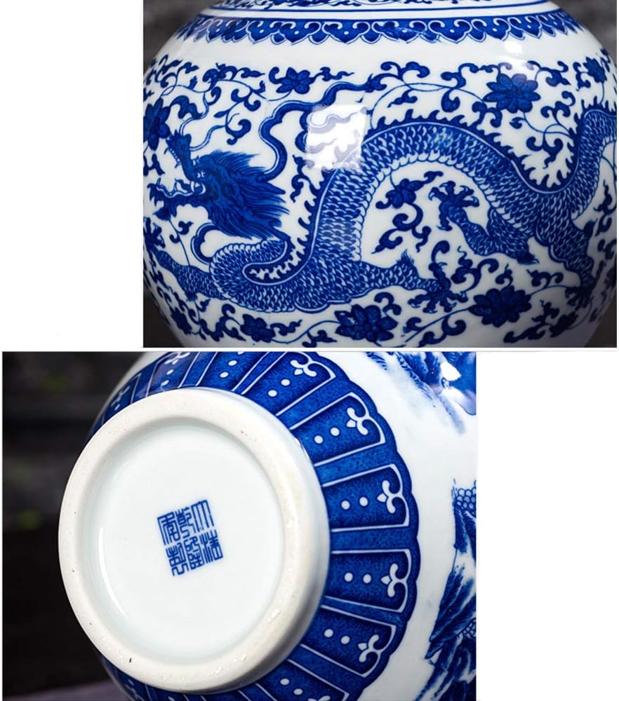 fanquare Jingdezhen Blau und Weiss Porzellan Blumenvase, Kleine Handgemachte Drachen Keramik Vase, D
