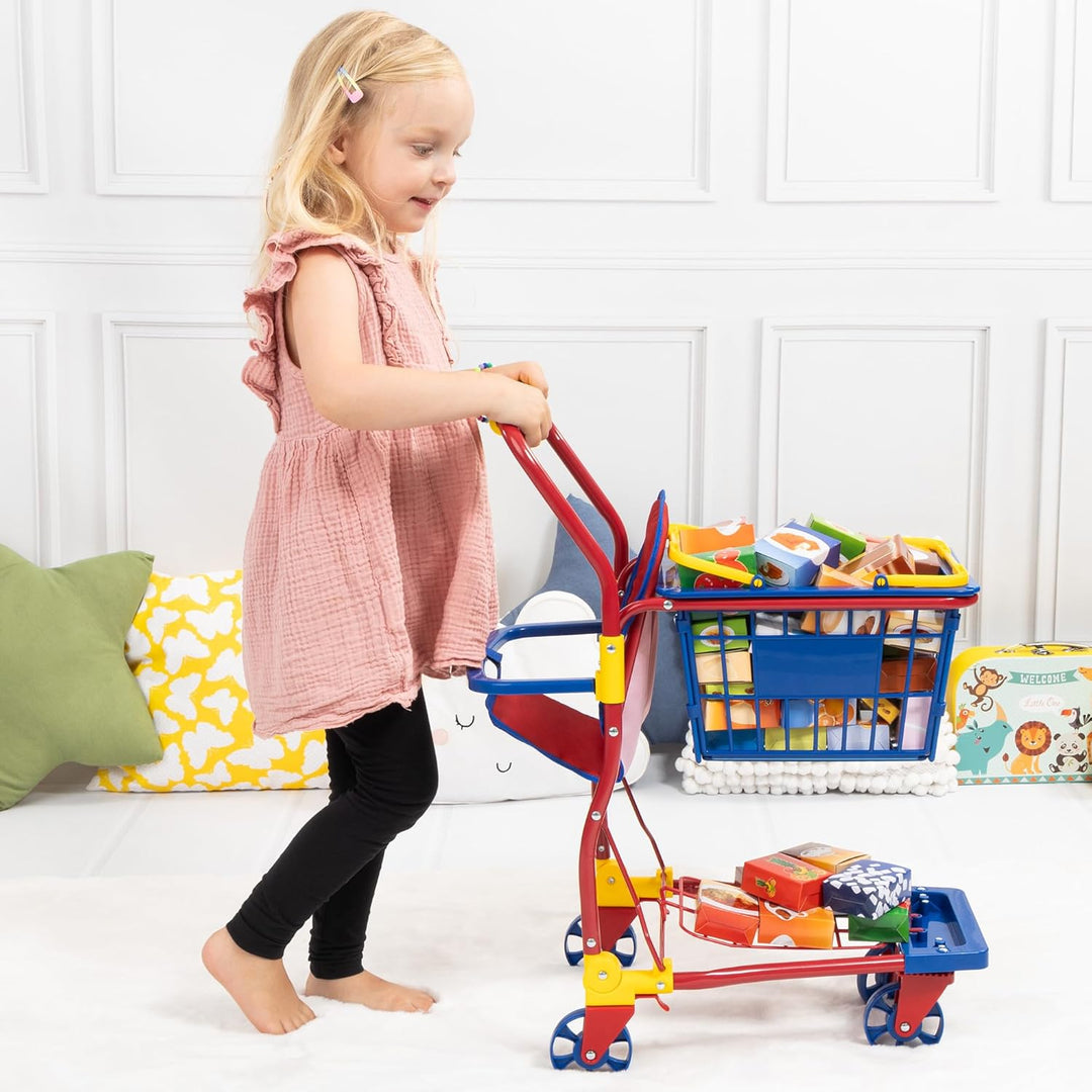 Bayer Design 75003AA Einkaufswagen Supermarkt Kinder, mit Spiellebensmittelkartons, bunt, aus Metall