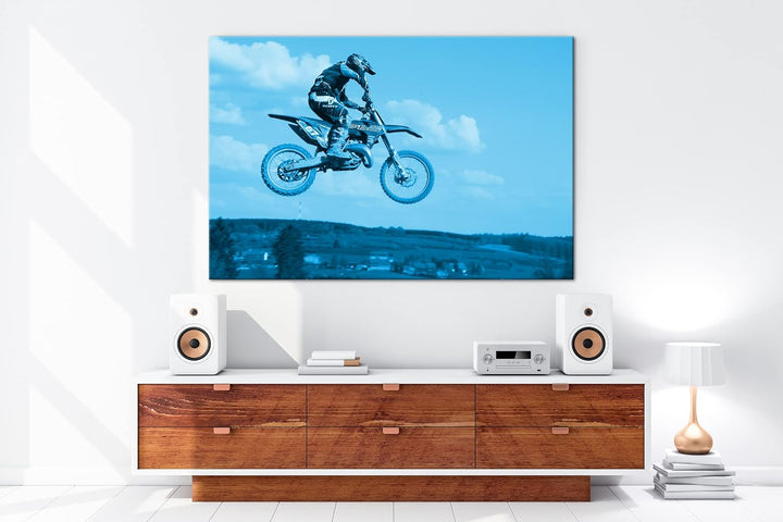 deyoli Motocross Stunt Format 80x60 Effekt: Monocrome Blau als Leinwandbild, Motiv fertig gerahmt au