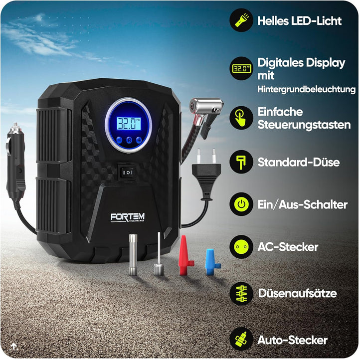 Fortem Tragbarer Kompressor Autoreifen, Kompressor Fahrrad, 12V Autoreifen Pumpe und Fahrradpumpe El