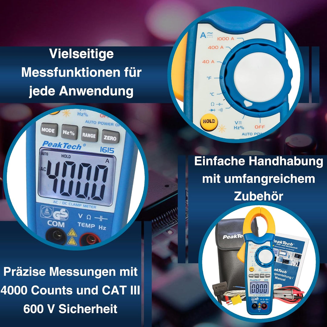 PeakTech 1615 – Zangenmessgerät 1000A AC/DC, Stromzange Multimeter, TÜV/GS, CAT III, Strommesszange,