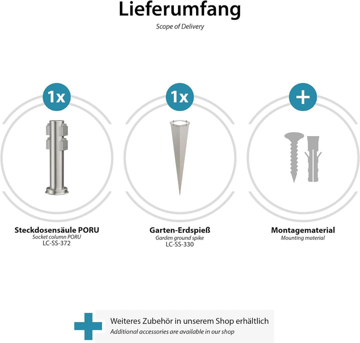 ledscom.de Gartensteckdose PORU mit Erdspiess, Outdoor, 4-Fach, Edelstahl, rund, 38cm, 2 STK. 2 Stüc