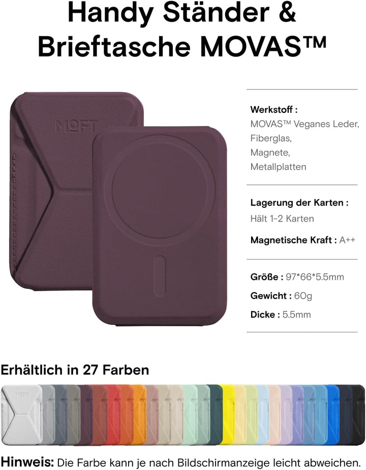 MOFT Magnetische Wallet Ständer für iPhone 15/14/13/12 Serie Kompatibel mit MagSafe, MOVAS Vegan Led