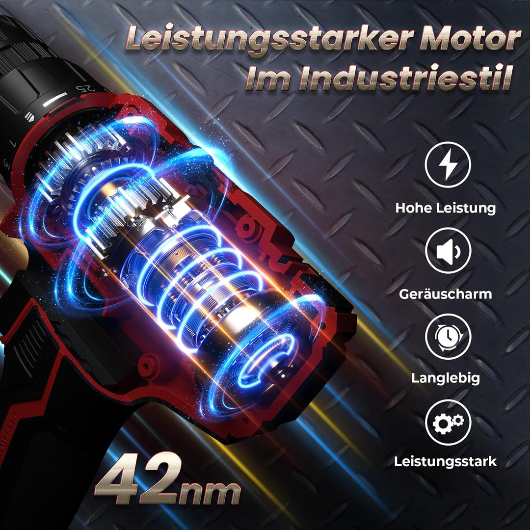 Akkuschrauber mit 2x 2000mAh Akkus, 20V Akku Bohrschrauber Set 42Nm Max, 2-Gang Akku-Bohrmaschine, K