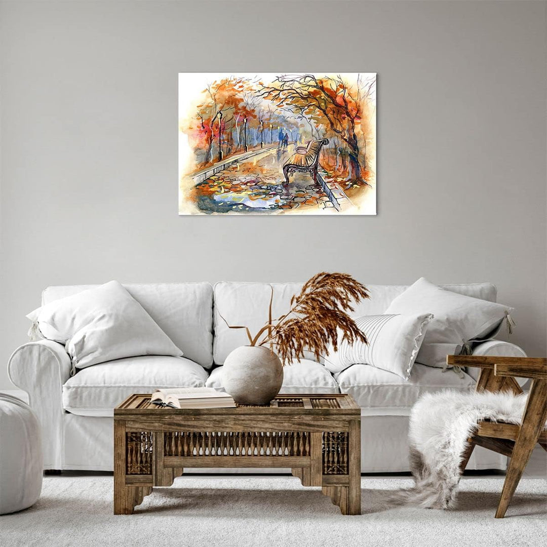 ARTTOR Bilder auf Leinwand Path Bench Herbst Frau Leinwandbild 70x50cm Wandbilder Dekoration Wohnzim