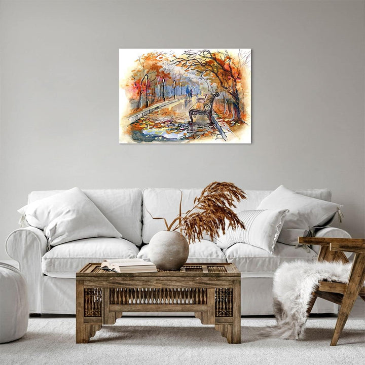 ARTTOR Bilder auf Leinwand Path Bench Herbst Frau Leinwandbild 70x50cm Wandbilder Dekoration Wohnzim