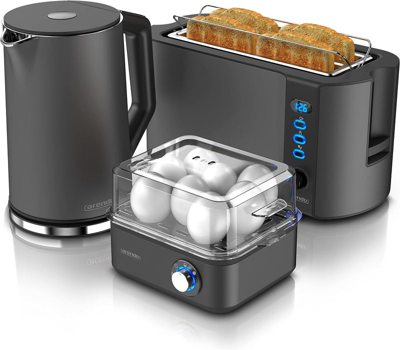Arendo - Wasserkocher mit Toaster SET und Eierkocher, Edelstahl Cool Grey, Wasserkocher 1,5L 40° - 1