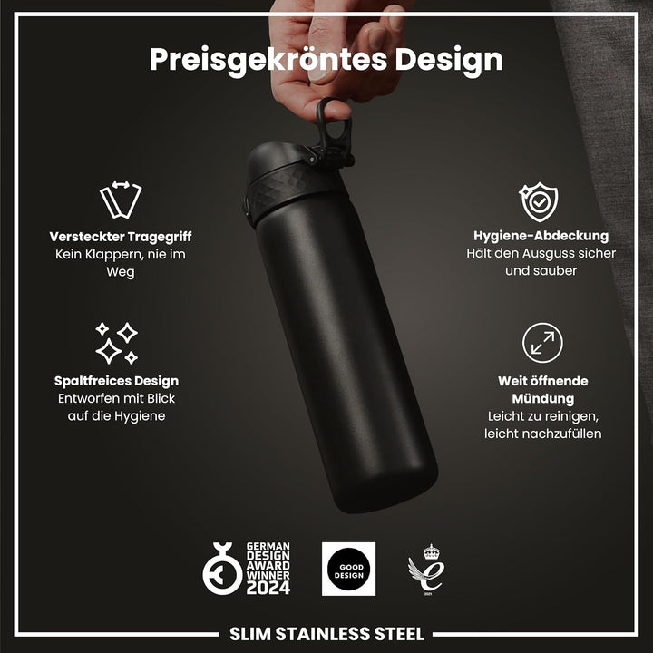 Ion8 Stahl-Trinkflasche, 600 ml, Auslaufsicher, Einhandöffnung, Sichere Verriegelung, Spülmaschinenf