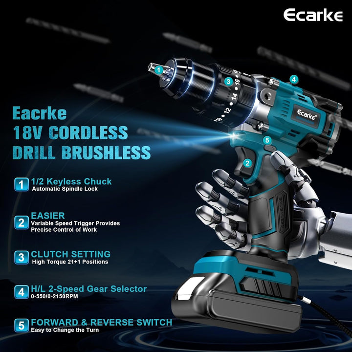 Ecarke Akku Schlagbohrschrauber für Ma-kita 18V Lithium-Akku, Akku Bohrmaschine & Akkuschrauber 2150