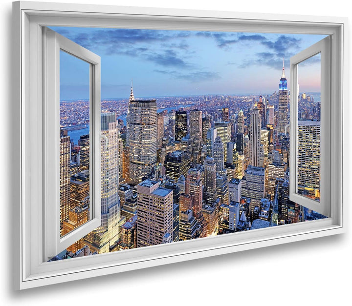 islandburner Bild auf Leinwand Fensterblick New York City bei Nacht Manhattan Usa Sagenhafter Effekt