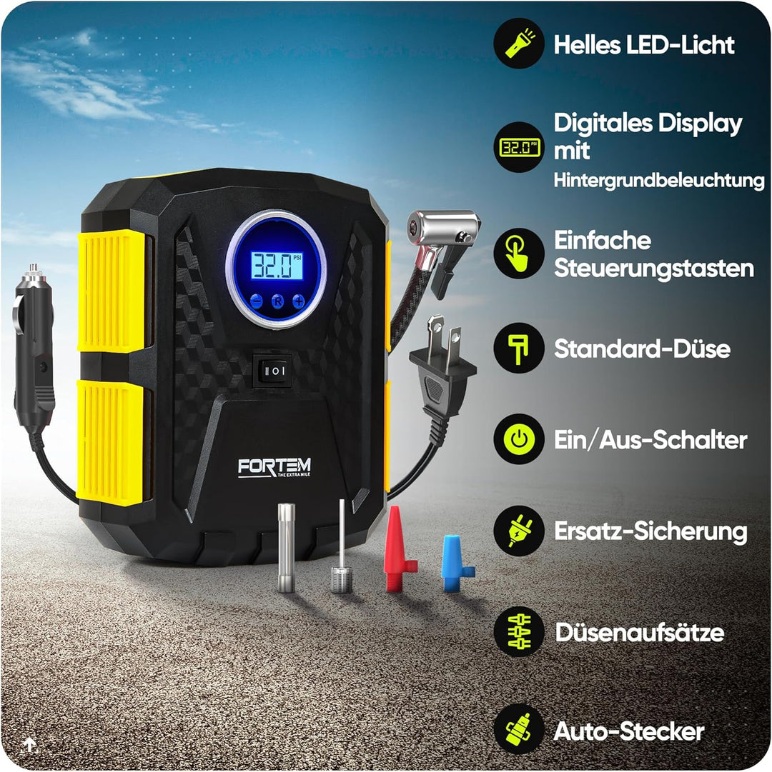 Fortem Tragbarer Kompressor Autoreifen, Kompressor Fahrrad, 12V Autoreifen Pumpe und Fahrradpumpe El