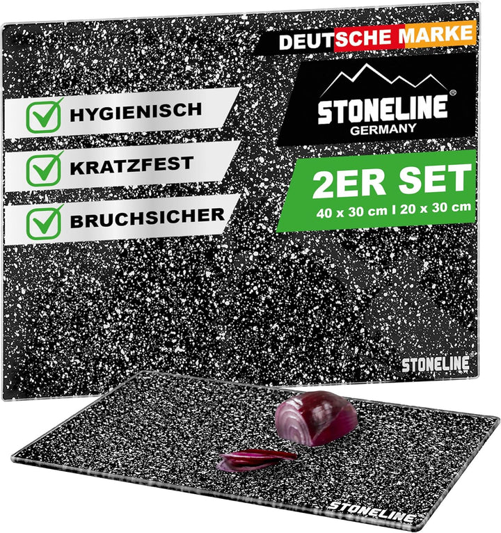 Stoneline Glas Schneidebrett, Schneidbretter Set 2-teilig, Stoneline Optik, hitzebeständig, Schneidb