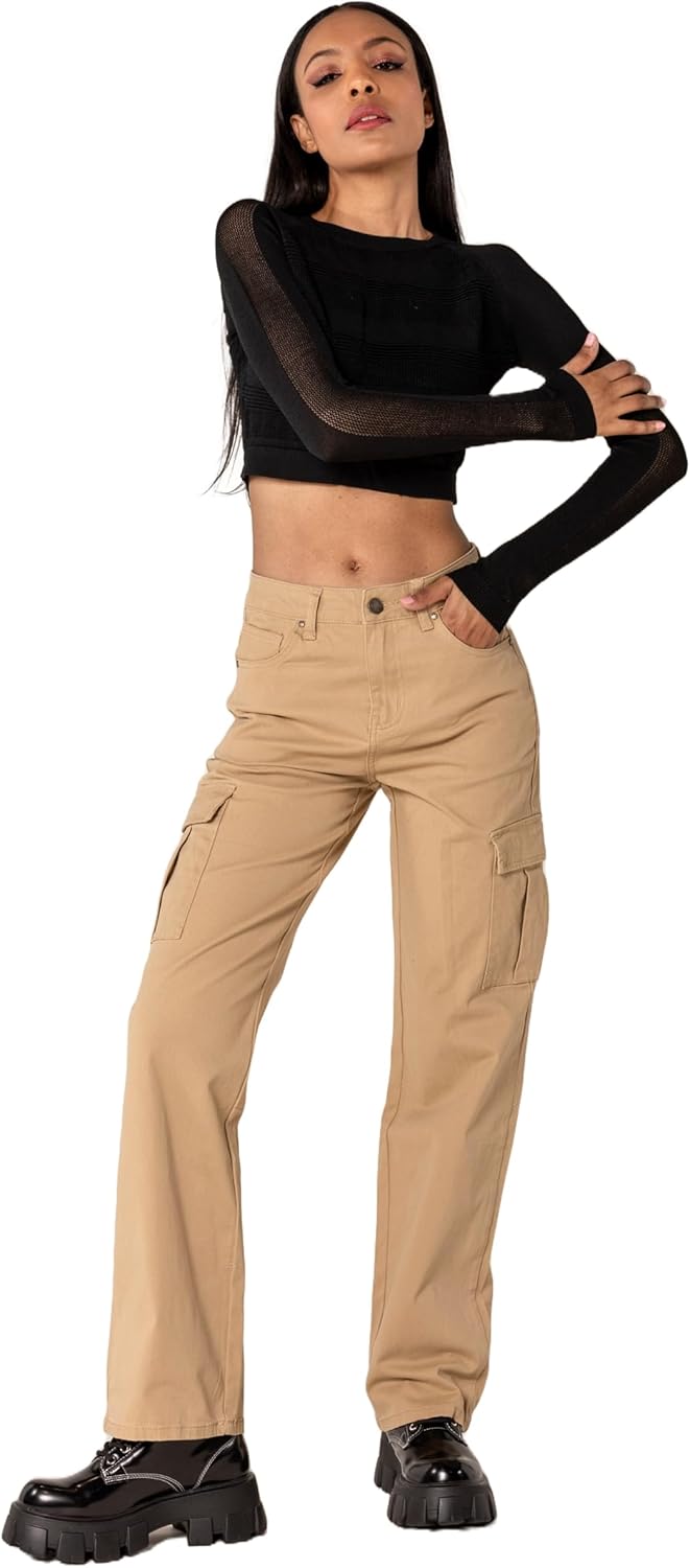 Nina Carter Q1885 Damen Cargo Jeans High Waist Cargohose Stretch Straight Leg Hose M Beige (Q1885),