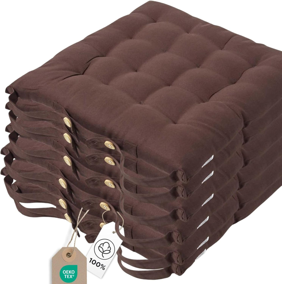 Homescapes 6er Set Stuhlkissen 40 x 40 cm, braun, Sitzkissen mit Bändern und Knopfverschluss, einfar