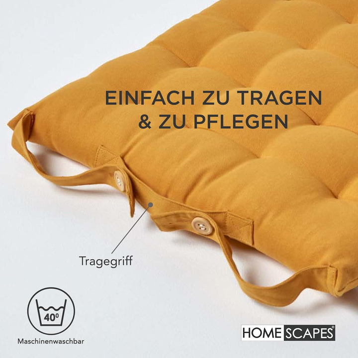 Homescapes 4er Set Stuhlkissen 40 x 40 cm, senfgelb, Sitzkissen mit Bändern und Knopfverschluss, ein