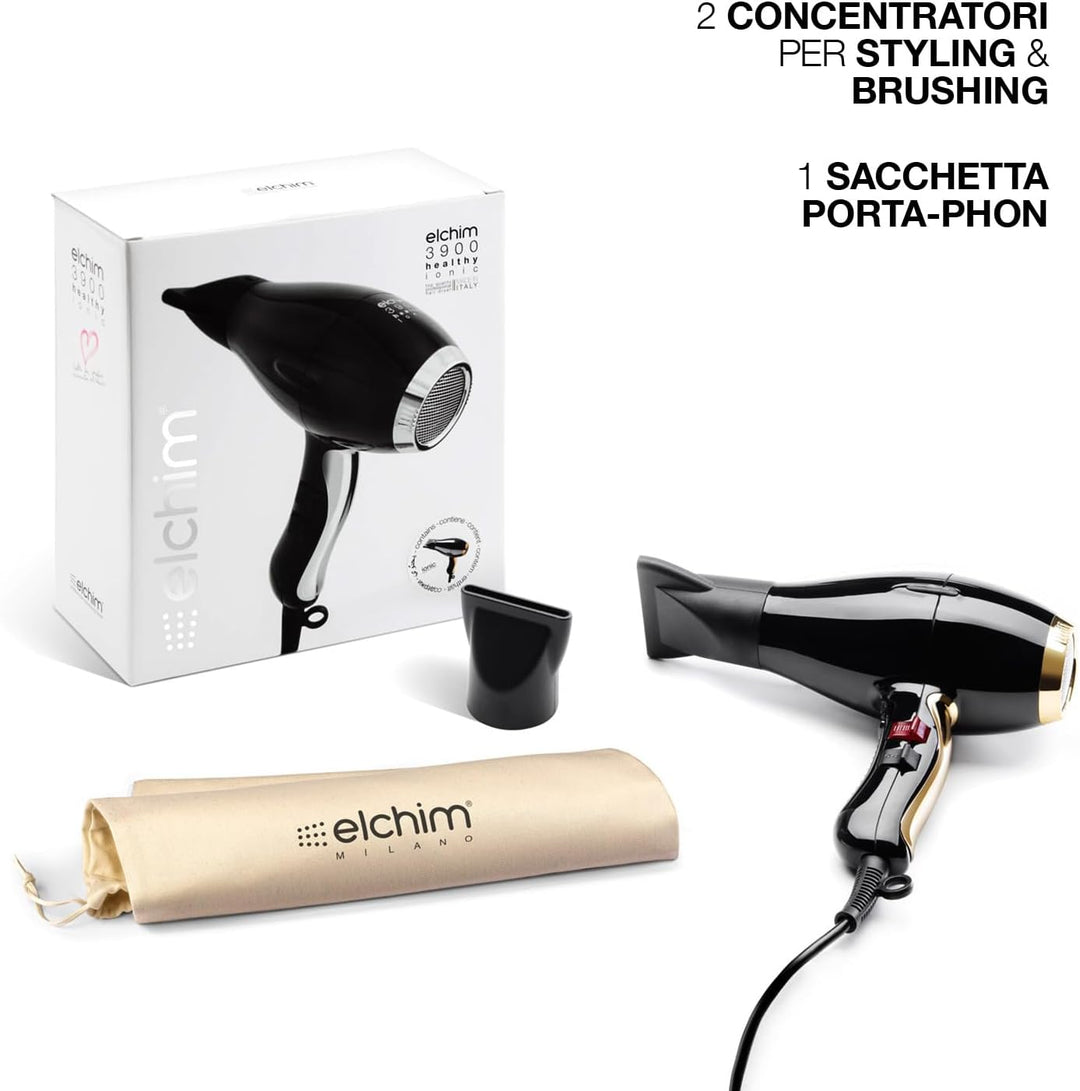 Phon für Haare Elchim 3900 Healthy Ionic Schwarz & Gold mit Schuko-Stecker und Baumwolltasche - Prof