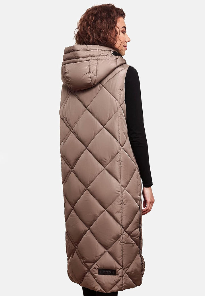Navahoo warme Damen Winter Steppweste lang mit Kapuze Schnuckel XS-XXL L Dark Taupe, L Dark Taupe