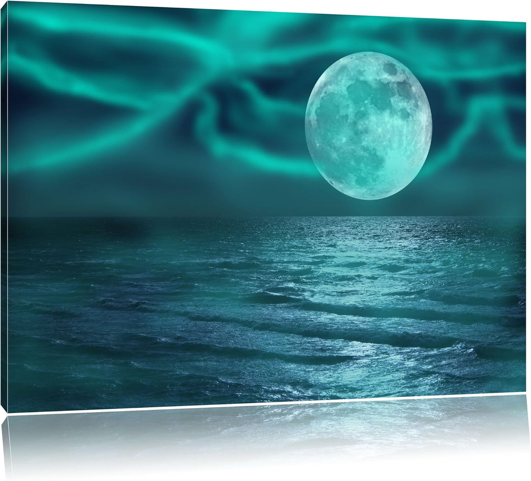 ruhiges Meer mit Vollmond schwarz/weiss Format: 100x70 auf Leinwand, XXL riesige Bilder fertig gerah