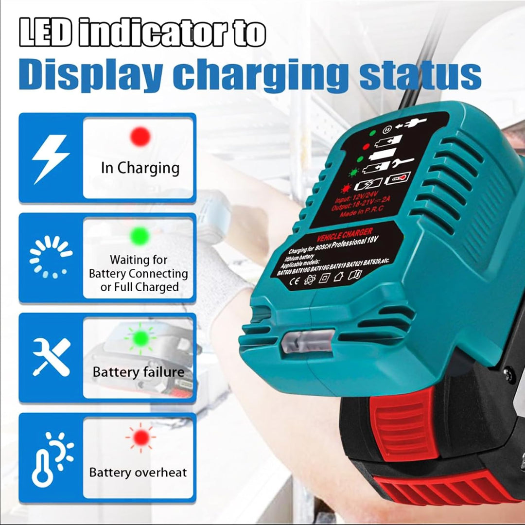 TPDL Auto Ladegerät für Bosch Professional 18 Volt System Akku mit LED Anzeige, Car Ladegerät Ersatz