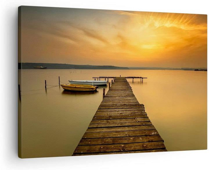 ARTTOR Bilder auf Leinwand See Brücke Leinwandbild mit Rahmen 70x50cm Wandbilder Dekoration Wohnzimm