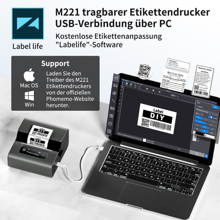 Phomemo M221 Etikettendrucker, 3 Zoll Bluetooth Beschriftungsgerät Selbstklebend Upgrade Label Print
