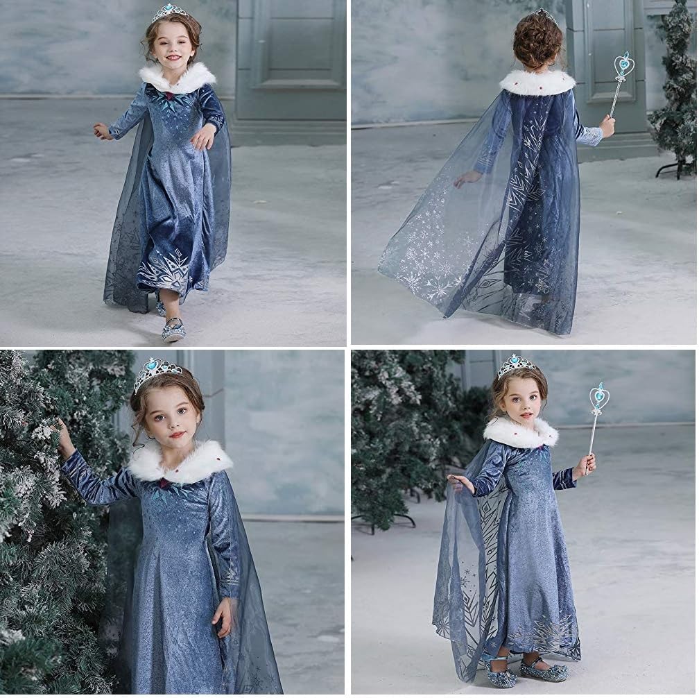 Elsa Prinzessin Kleid,Frozen Elsa Kostüm für Mädchen Kleid mit Zubehör,Schneeflocke Plüschkragen Kle