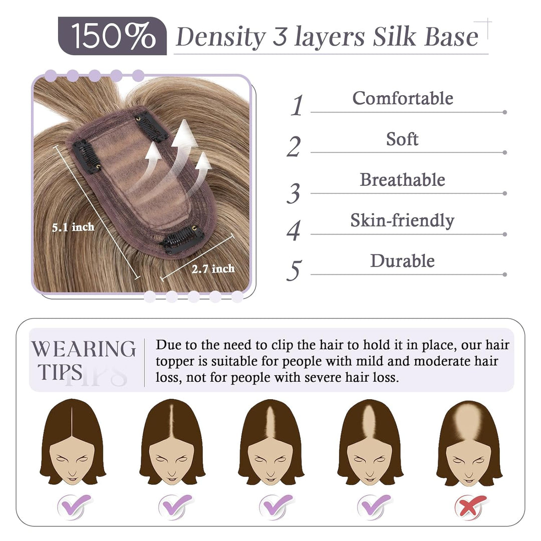 TESS Hair Topper Echthaar Braun Balayage, 7x13cm Basis Toupet Damen #4P27 braun/Dunkelblond mit Pony