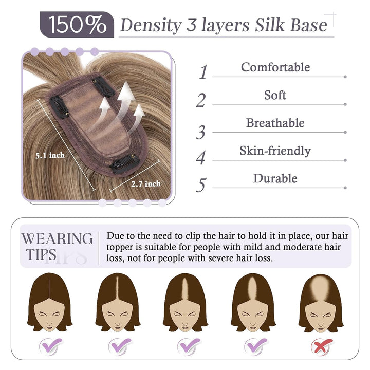 TESS Hair Topper Echthaar Braun Balayage, 7x13cm Basis Toupet Damen #4P27 braun/Dunkelblond mit Pony