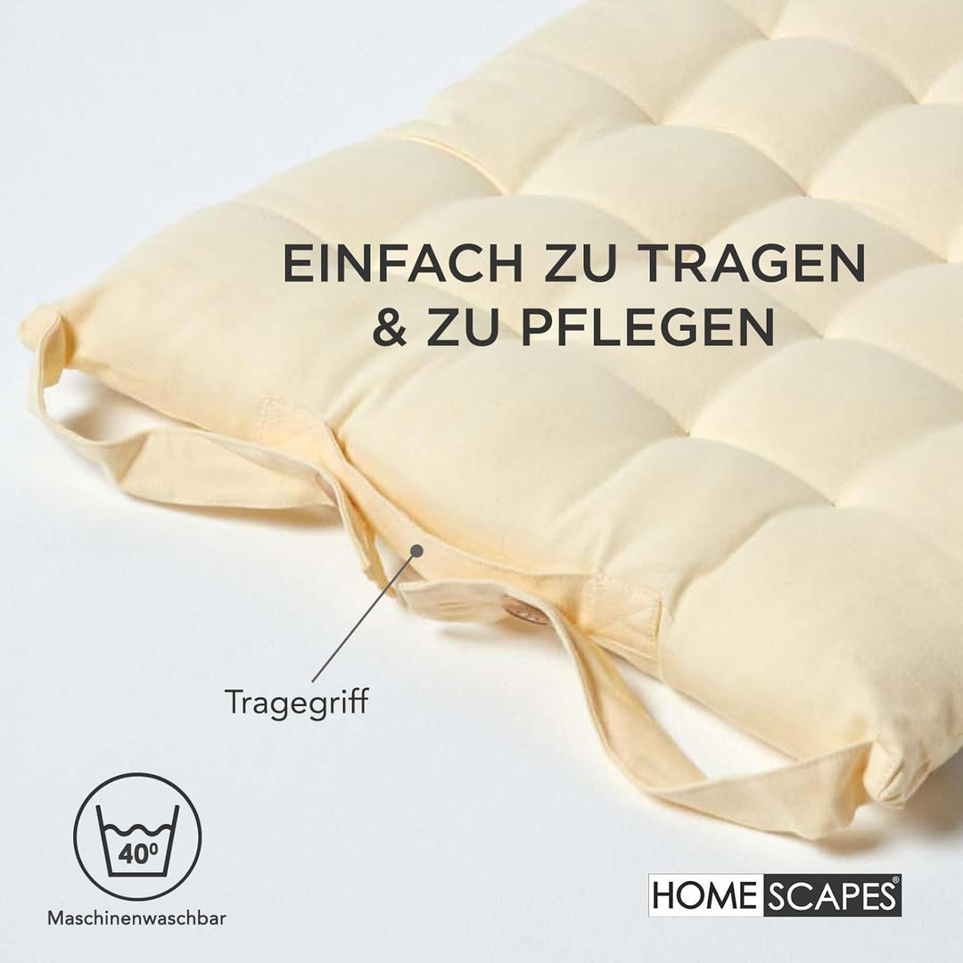 Homescapes 6er Set Stuhlkissen 40 x 40 cm, Creme, Sitzkissen mit Bändern und Knopfverschluss, einfar