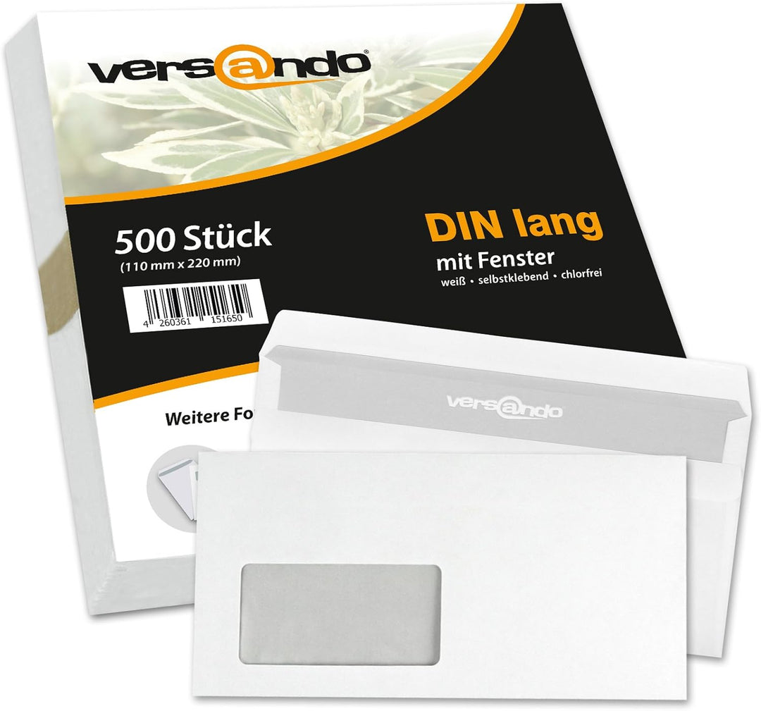 versando 500 Briefumschläge DIN lang mit Fenster mF selbstklebend sk Fensterbriefumschläge 22 x 11 c