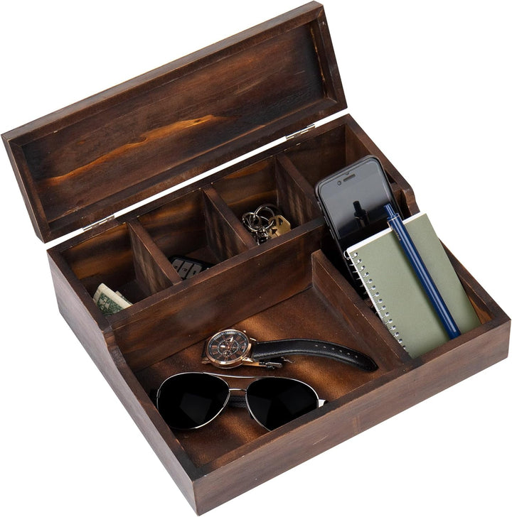 Mind Reader Bali Collection, 7-Compartment Valet Tray with Hinged Lid for Cell Phone, Watches, Jewel