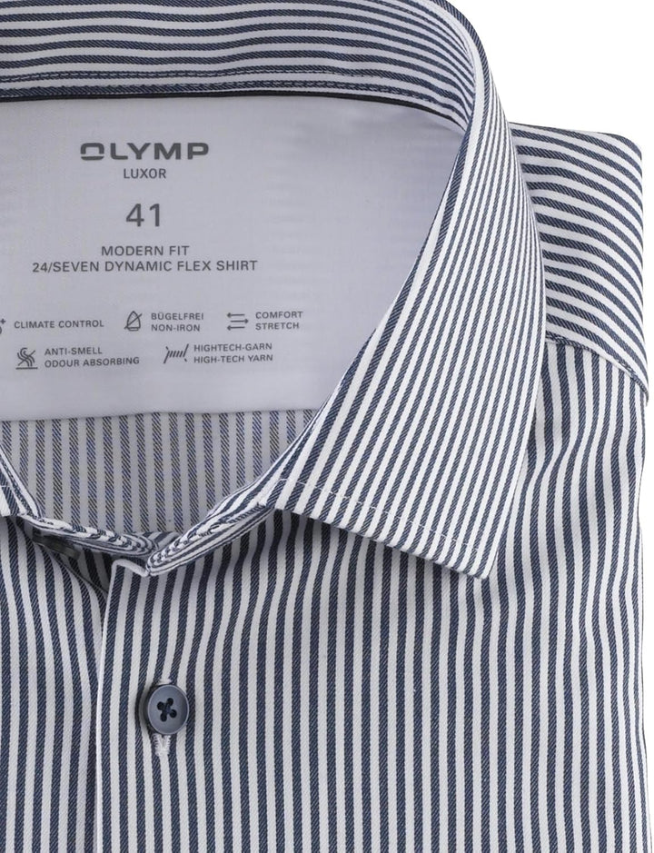 OLYMP Herren Businesshemd Langarm Luxor 24/Seven,Römer Streifen,modern fit,Global Kent 39 Dunkelblau