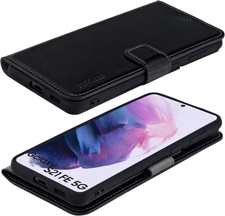 Suncase Book-Style Hülle kompatibel mit Samsung Galaxy S21 FE 5G Leder Tasche (Slim-Fit) Lederhülle
