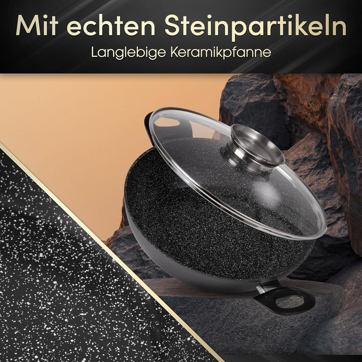 Stoneline Ceramic Servierpfanne 28 cm, PFAS-freie Keramik Beschichtung, Aroma-Glasdeckel, hoher Rand