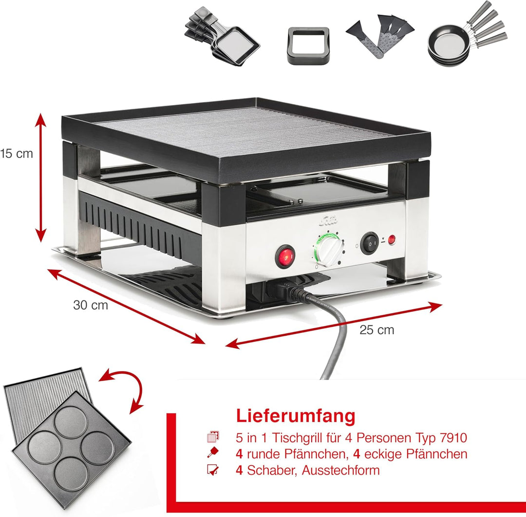 Solis Tischgrill 5 in 1 Table Grill for 4 7910 - Raclette + Grill + Wok + Pizza Grill + Crêpes - Rac