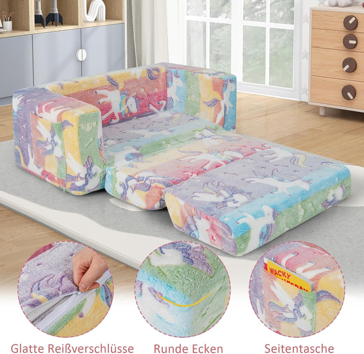 COSTWAY 2 in 1 Kindersessel im Dunkeln Leuchtend, ausklappbares Kindersofa mit abnehmbarem Bezug & S