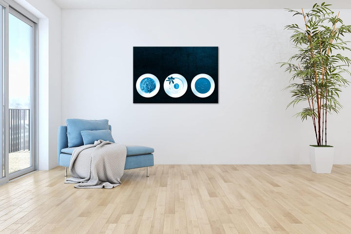 deyoli Teller mit Mahlzeiten Format 80x60 Effekt: Monocrome Blau als Leinwandbild, Motiv fertig gera
