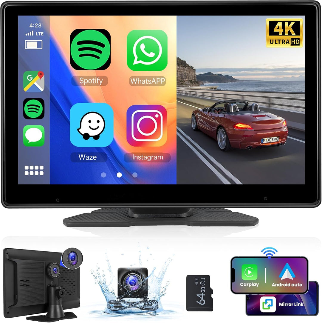 Hodozzy Bildschirm Auto Tragbare Autoradio Dasham 4K mit Wireless Carplay Android Auto, Display 10,1