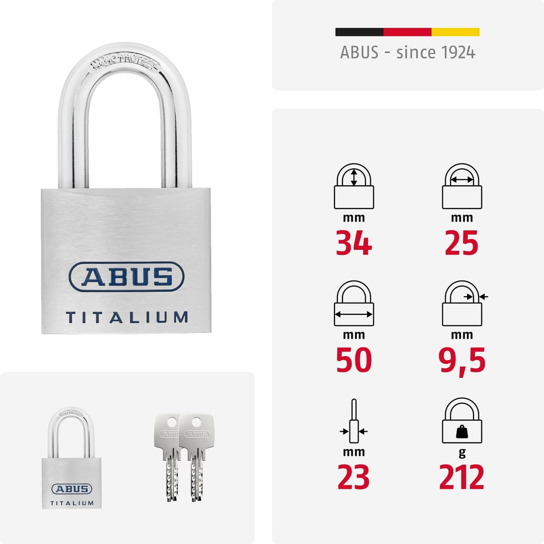 ABUS Titalium Vorhängeschloss 96TI/50 - leichter Schlosskörper aus massivem Spezial-Aluminium - Kell