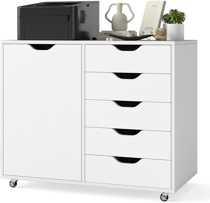 COSTWAY Rollcontainer mit 5 Schubladen, mobiler Aktenschrank mit Tür, Arbeitsplatte & Rollen, Rollwa