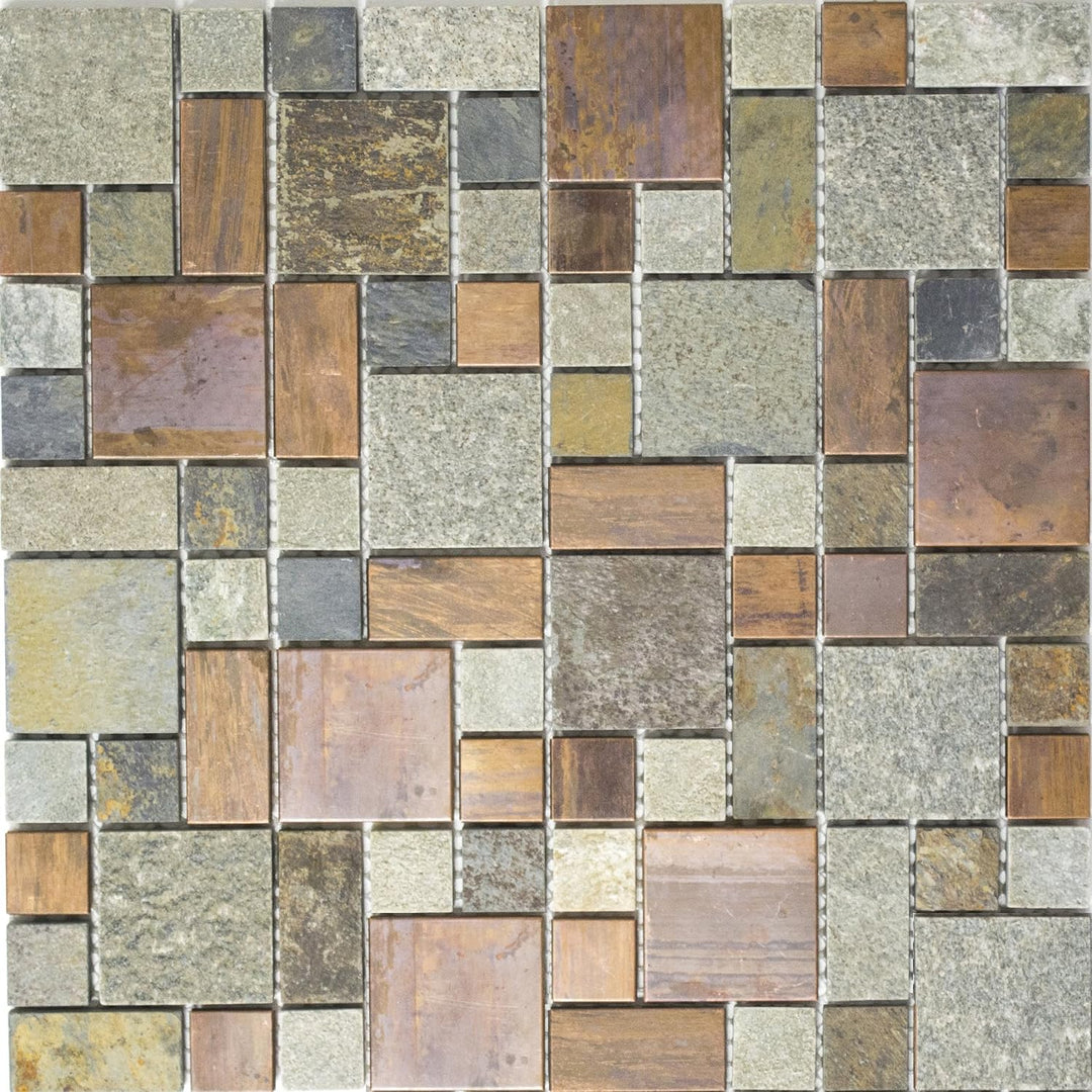 Mosaik Kombination Stein/Kupfer mix Kupfer Metall, Mosaikstein Format: 23x23+23x48+48x48x8 mm, Bogen