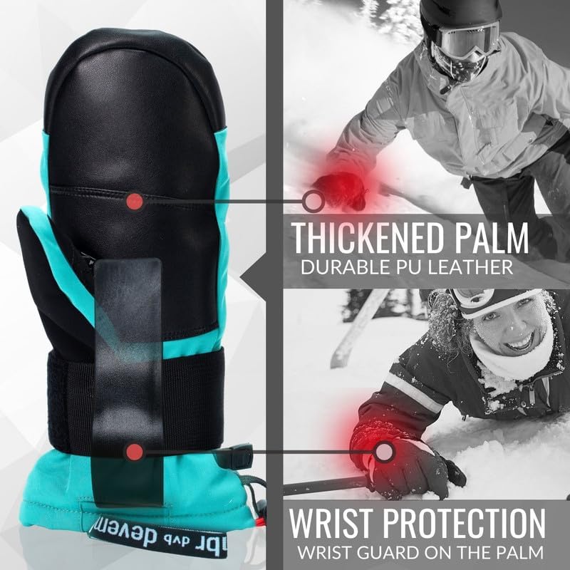 devembr Ski-Fäustlinge mit Handgelenkschützern, Warme Snowboard-Fäustlinge, Wasserdicht (S/M/L) Blau