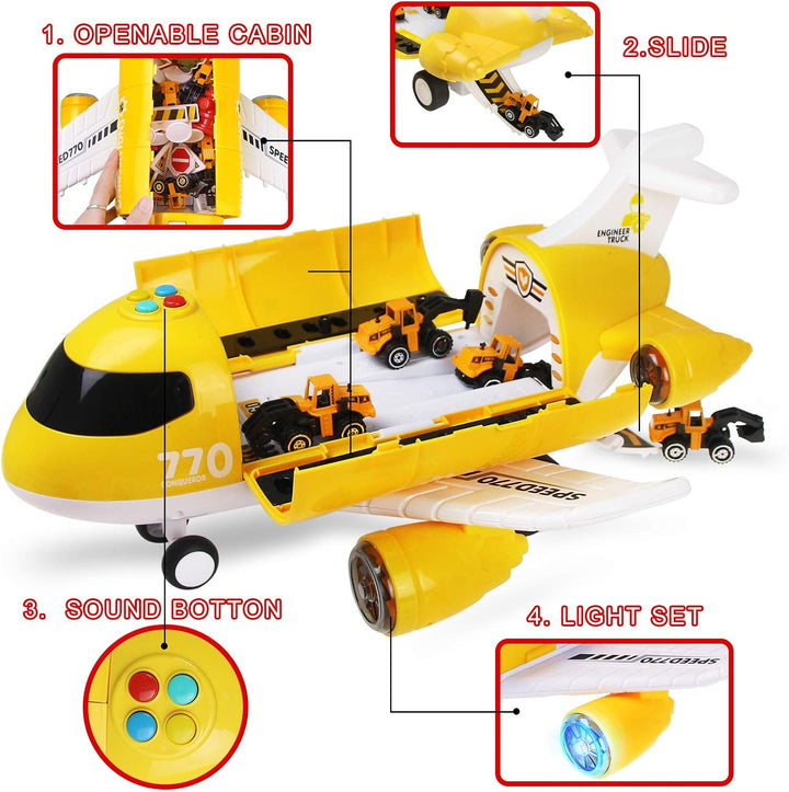 Coolplay Flugzeug mit Auto Baufahrzeuge für Kinder, Transporter Spielzeugautos Geschenk Flugzeug Spi