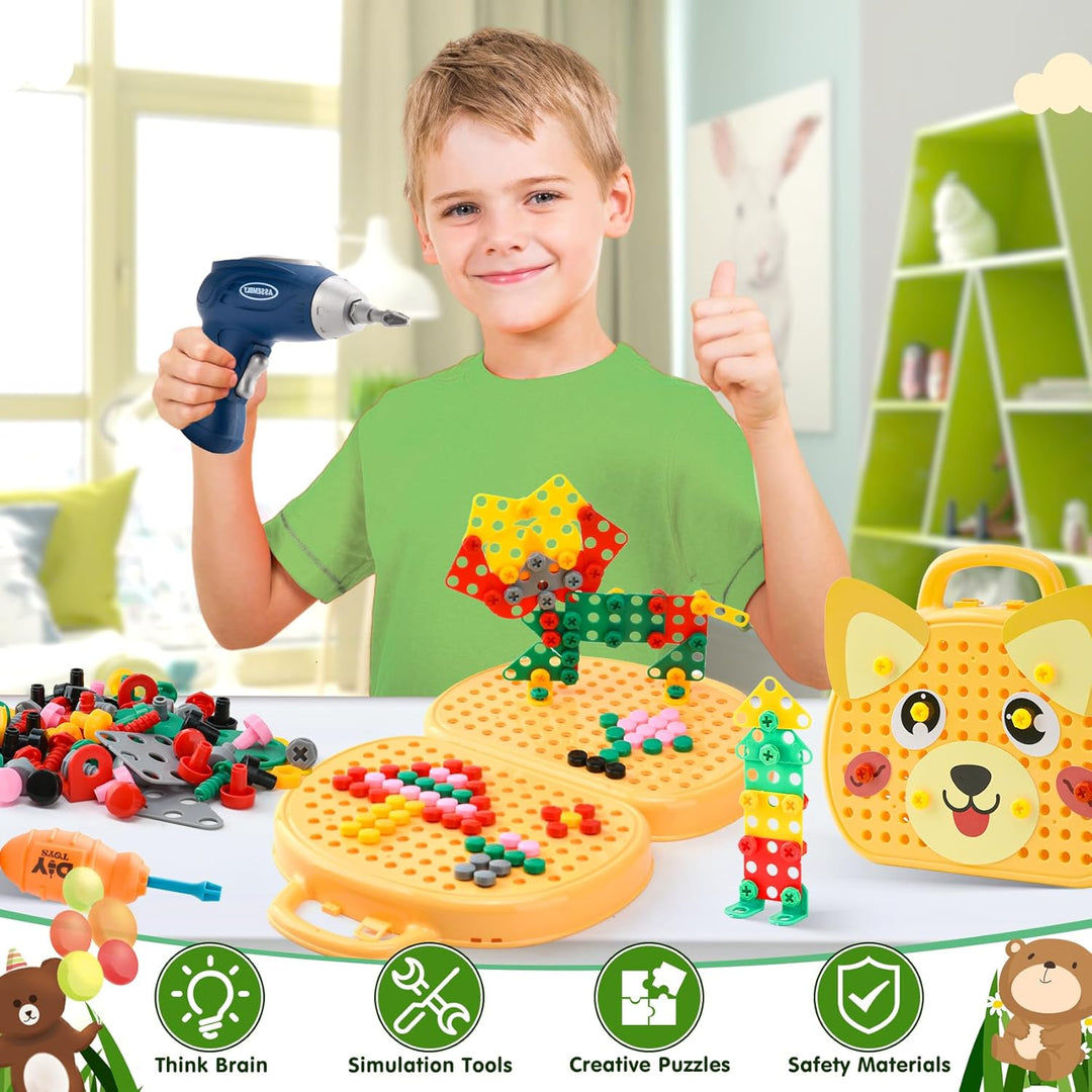 DAOUZL Montessori Spielzeugkiste mit Bohrmaschine, Magische Montessori-Spielzeugkiste, Mosaik Puzzle