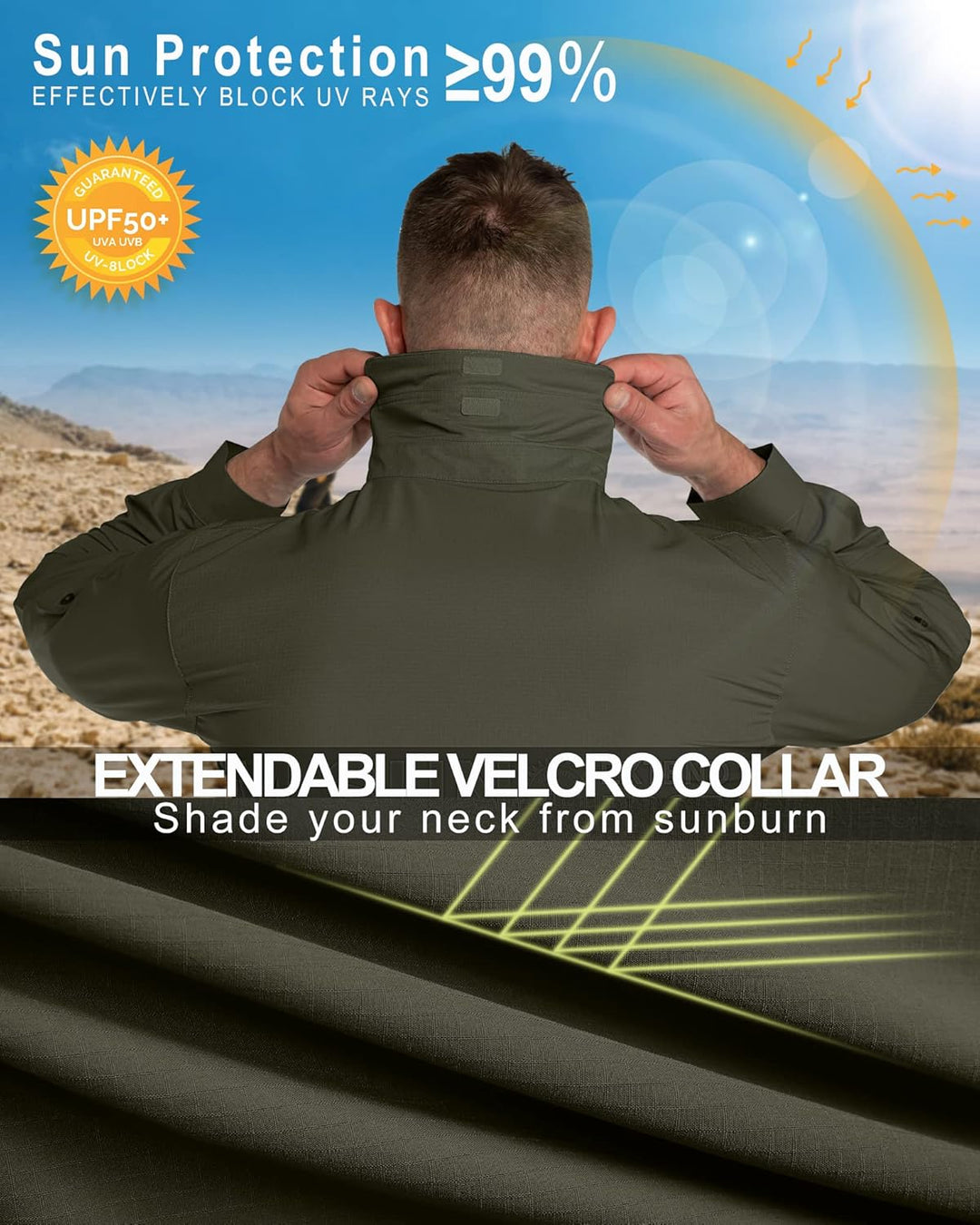 33,000ft Safari Hemd Herren Langarm Sportshemd UPF50+ UV Schutz Funktionshemd Atmungsaktiv Button-Do