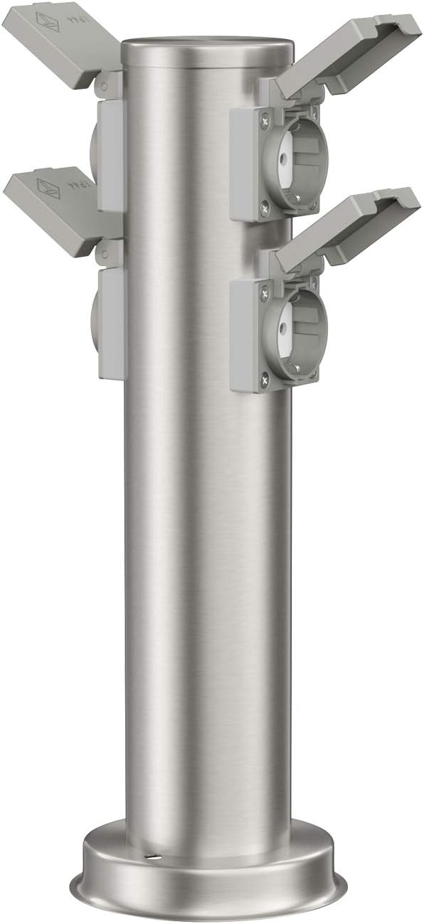 ledscom.de Garten-Steckdosen-Säule PORU mit Erdspiess und 2m Kabel für aussen, 4-Fach, Edelstahl, ru